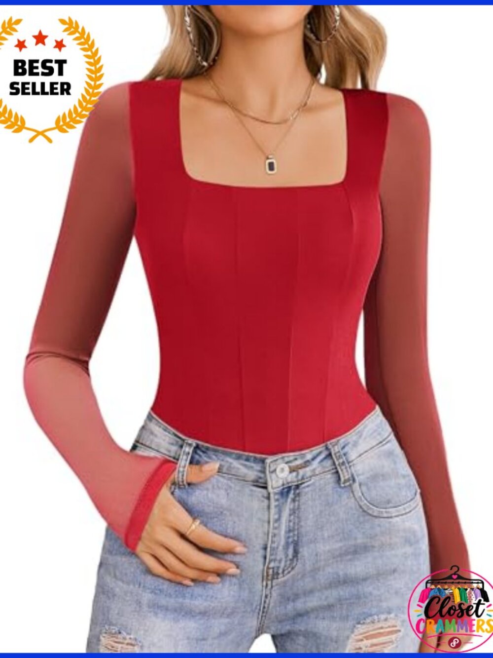 Long Sleeve Square Neck Bodysuit Mesh One Piece Leotard Top Double Lined